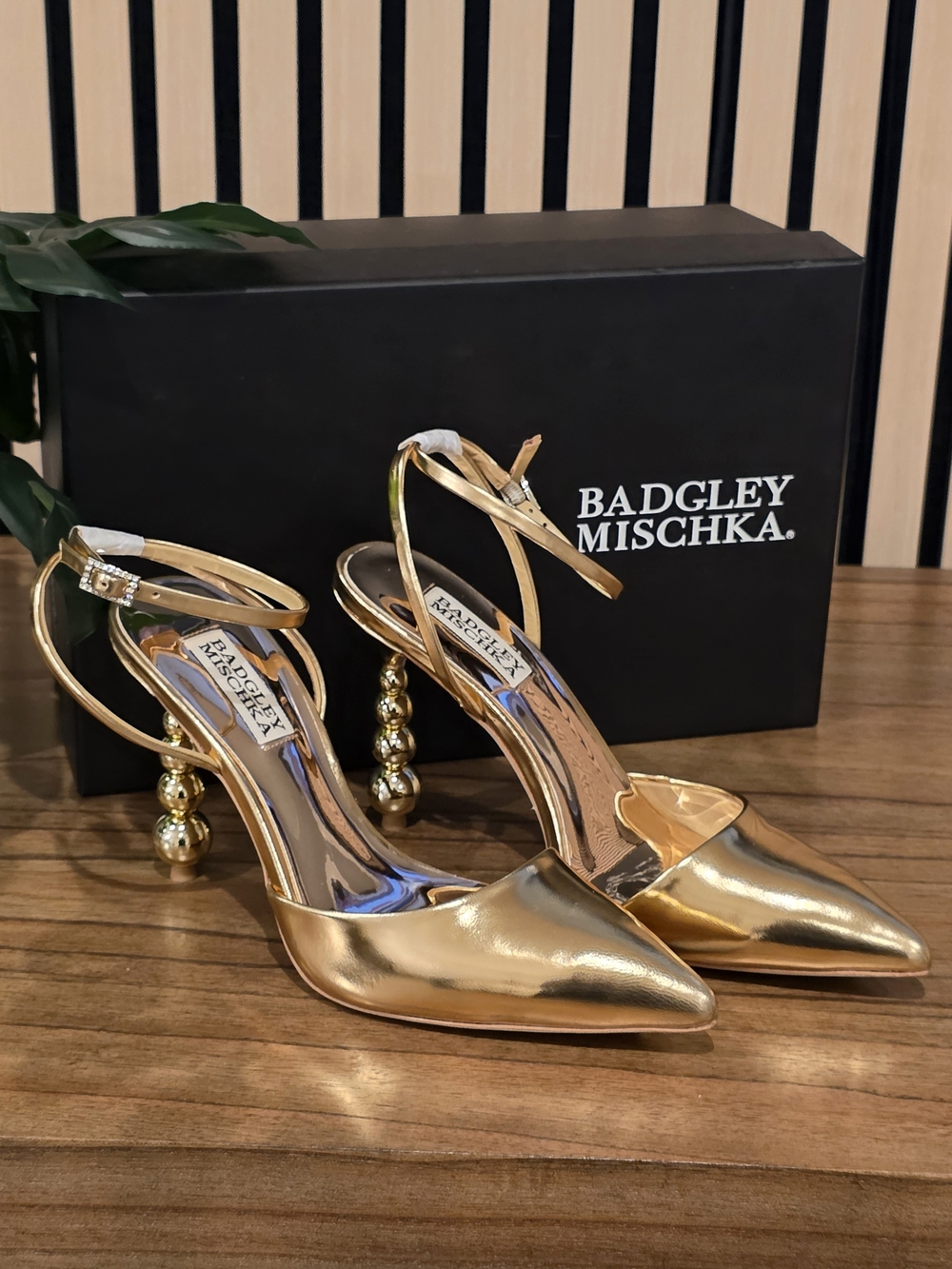 Badgley Mischka Bronze Metallic Pointed Toe Beaded-Heel Women's Pumps